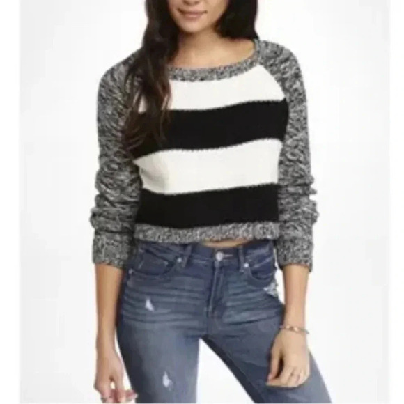 Express Cropped Striped Black and White Melange Sweater Small Long Sleeves - Picture 9 of 9